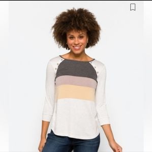 PINK CLOVER LILLIAN BUTTON RAGLAN SLEEVE KNIT TOP LIGHT GREY